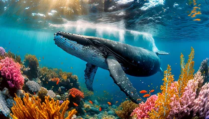 Foto auf Acrylglas Close-up of a majestic humpback whale swimming gracefully underwater in a vibrant coral reef. Generative Ai. © Alberto Masnovo