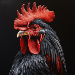 black rooster portrait on a black background red comb looking at the camera