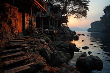 Sunset at Rustic Lakeside Stone Cabin. 