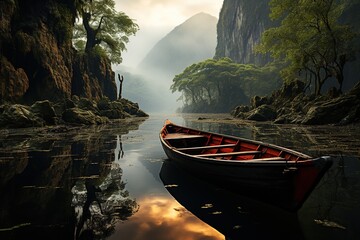 Solitary Boat on Serene River by Limestone Cliffs. 