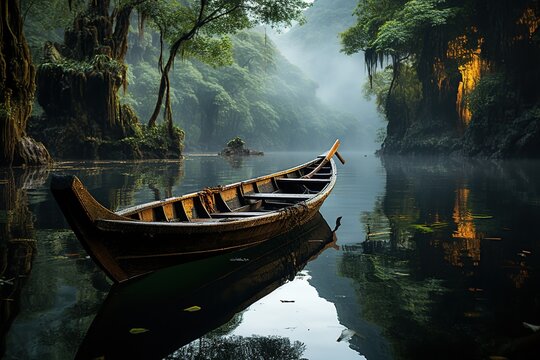 Abandoned Canoe on a Mystical Foggy River. 