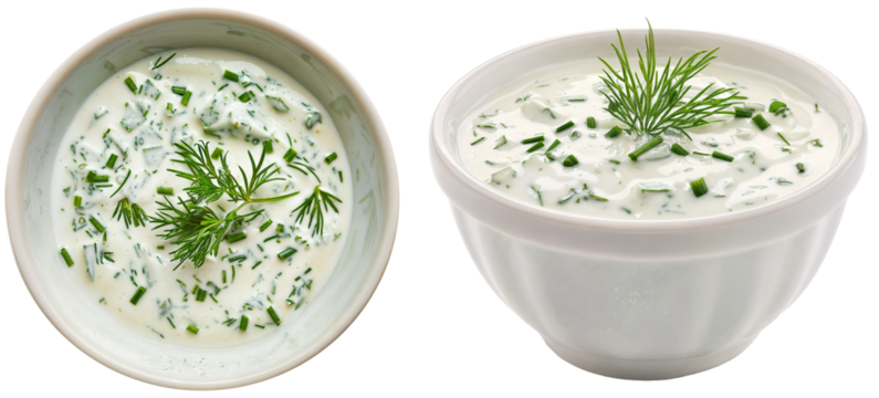 bowl with ranch dressing made with mayonnaise, sour cream, buttermilk, garlic, dill, parsley, and chives, isolated on a white background
