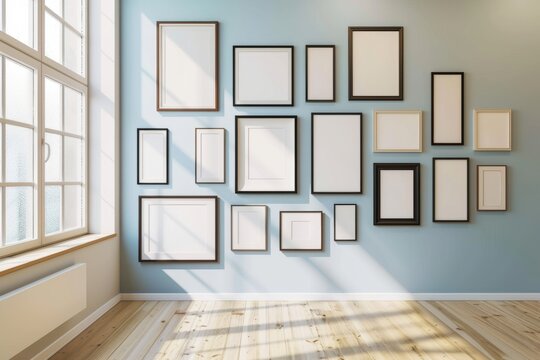 Different frames on the wall near the window, wall art mock up, minimalist elegant interior design