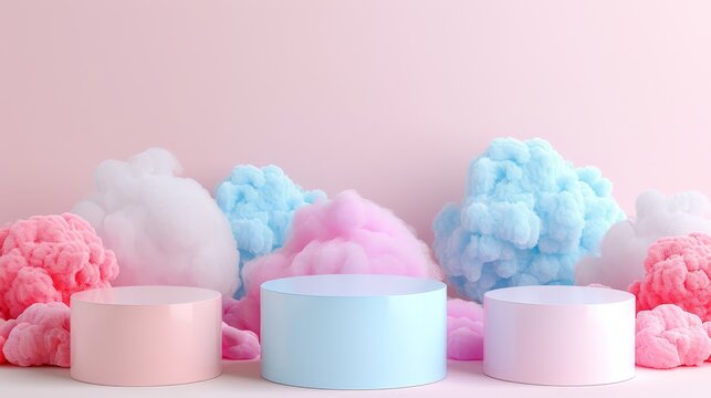 Dreamy 3d product display podium on a blue cloud background with a minimalistic design.