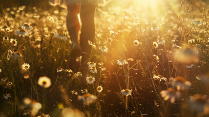 Golden hour tranquility with backlit daisies and a hidden wanderer. - Powered by Adobe