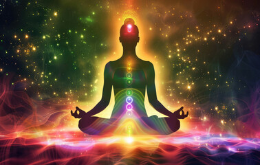 Fototapeta na wymiar A person meditating with their aura glowing around them, surrounded by energy rings and an inner light emanating from the center of his body, representing spiritual awakening