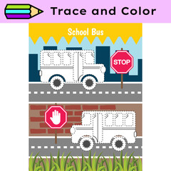 Pen tracing lines activity worksheet for children. Pencil control for kids practicing motoric skills. School bus educational printable worksheet. Vector illustration. - 758840825