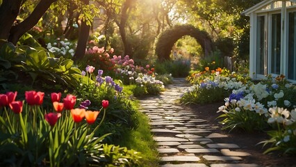 Beautiful spring garden with tulips and crocus flowers in sunlight