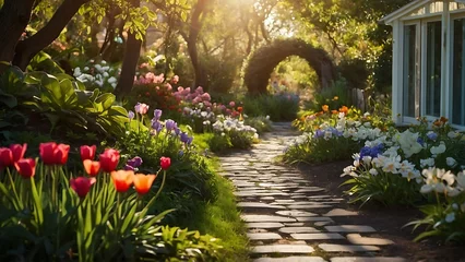 Raamstickers Beautiful spring garden with tulips and crocus flowers in sunlight © ASGraphics