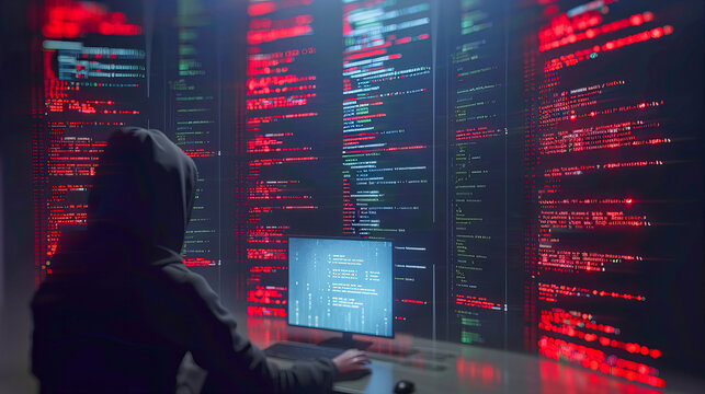 Hacker Workspace with Computer and Cyber Security Concept, Technology and Internet Safety, Dark Theme