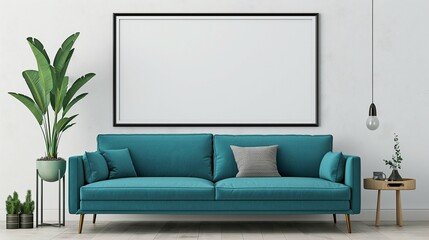 Photo frame neck up design. Modern apartment. Blue green sofa and living room home interior
