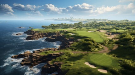 Stunning aerial view of a lush golf course nestled near the ocean, with rolling green fairways contrasting against the deep blue sea