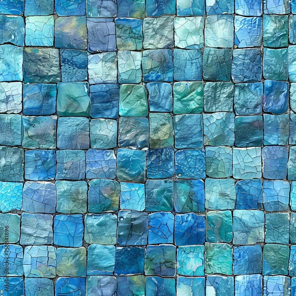 Poster A striking close up of a blue tile wall, showcasing a mesmerizing array of varying shades and textures, creating a soothing and artistic visual experience