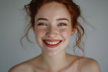 A young woman with prominent freckles and auburn hair tied up casually is beaming with a wide, toothy smile. - obrazy, fototapety, plakaty