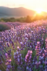 A field of vibrant lavender flowers bathed in the warm glow of the setting sun. The purple blooms sway gently in the breeze, creating a peaceful and picturesque scene