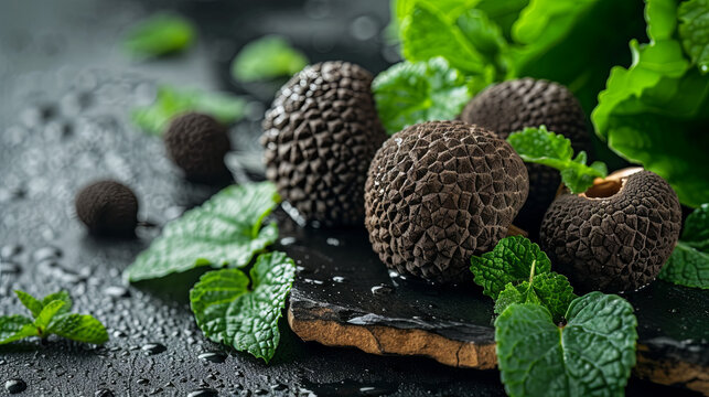 Truffle, a prized delicacy found underground, is renowned for its earthy aroma and distinctive flavor, dark background