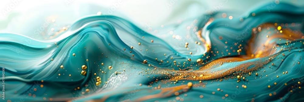 Leinwandbilder a mesmerizing painting of a vibrant blue wave with shimmering gold flecks, creating a sense of movem