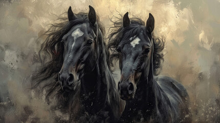 Obraz na płótnie Canvas Portrait of two Friesian horses