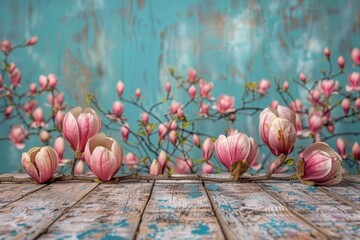Delicate magnolia blooms sit atop a weathered table, a promise of spring against a turquoise backdrop - obrazy, fototapety, plakaty