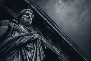 Fototapeta premium Mysterious ancient greek, roman male stoic statue, sculpture in dramatic lighting, shadows highlighting the impressive muscular build and classical beauty. 