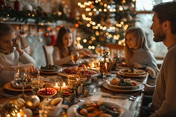 Cozy family dinner scene with a festive holiday backdrop.