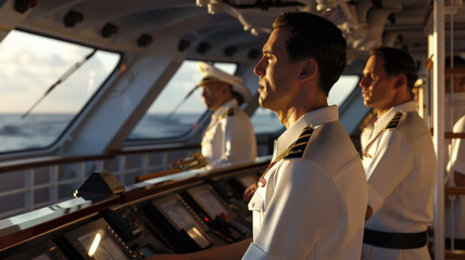 Maritime officers attentively navigating a ship with a vast sea horizon ahead.