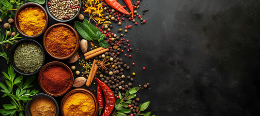 herbs and spices on the dark background - obrazy, fototapety, plakaty