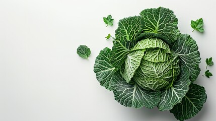White setting with a cluster of savoy cabbage stems green stems represents health concern and space, Generative AI. - obrazy, fototapety, plakaty