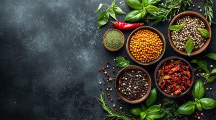 herbs and spices on the dark background, culinary concept - obrazy, fototapety, plakaty