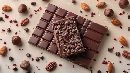 a light beige background adorned with scattered chunks of nuts and chocolate, illuminated by studio lighting to highlight the textures and colors.