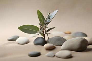 Fototapeta na wymiar Minimalist Nature: Sage Twig and Pebble Rocks on Sand - Serene Botanical Background Generative AI