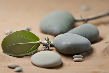 Fototapeta na wymiar Minimalist Nature: Sage Twig and Pebble Rocks on Sand - Serene Botanical Background Generative AI