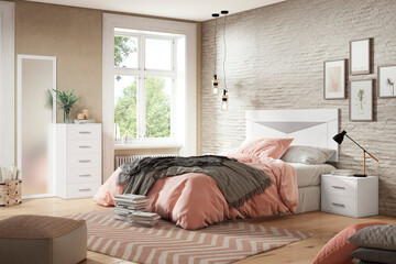 Interior design bedroom with casual furnitures mockup, trending decor and augmented reality trends.