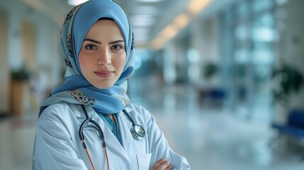Fototapeta na wymiar With a blurry medical backdrop a self confident Muslim female doctor standing with a big space for text or product a official type of environment, Generative AI.