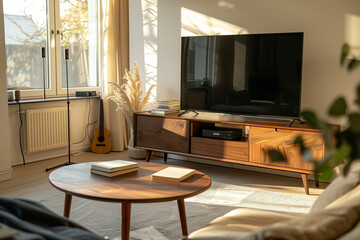 A living room with a a sofa, big LCD TV, walnut wood coffee table with a book and center piece. Scandanavian interior, minimalist.