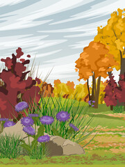 Autumn realistic vector vertical landscape. Autumn tree, field and thickets of purple asters.