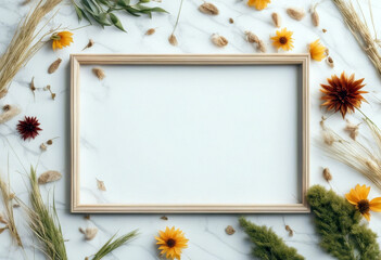 grass natural mock frame leaves flowers flat white view Top dry lay marble up poduim dais marble autumn gold pampas beige background flower design banner frame nature home leaf white floral beauty - obrazy, fototapety, plakaty