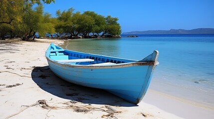 Naklejka na ściany i meble Spectacular paradise beach with vibrant boat, perfect for adding captivating text or captions