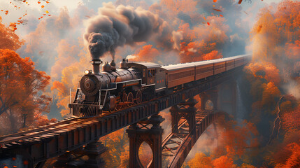 Steam train on bridge.  generative ai - obrazy, fototapety, plakaty