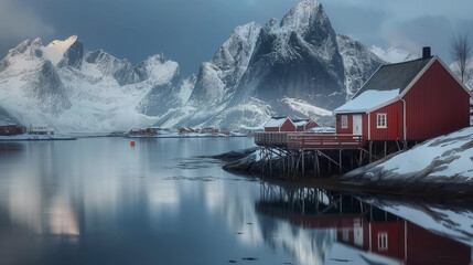 Twilight Calm in Lofoten, Lofoten Islands with a traditional red Rorbu cabin reflecting in the still fjord waters. - obrazy, fototapety, plakaty