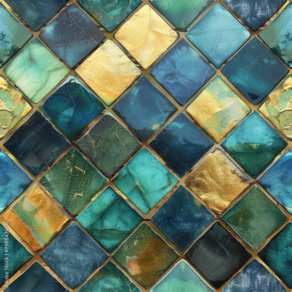 Poster Intricate tiles in various colors and patterns create a stunning mosaic wall, showcasing the artistry and craftsmanship of the design