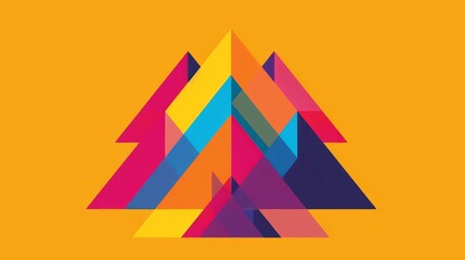 Vibrant abstract geometric design resembling mountains, composed of colorful triangles on a yellow...