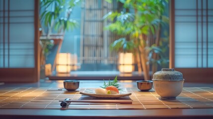 Elegant Japanese sushi setting on a bamboo mat, complemented by a serene indoor garden and warm ambient lighting.