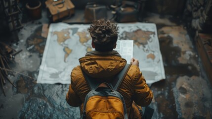 Fototapeta na wymiar An adventurous traveler in a yellow jacket studies a large world map, planning the next journey amidst a rustic setting.