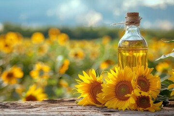 A bottle of sunflower oil gleams on a rustic wooden table, showcasing the rich golden hue of the oil against the earthy backdrop