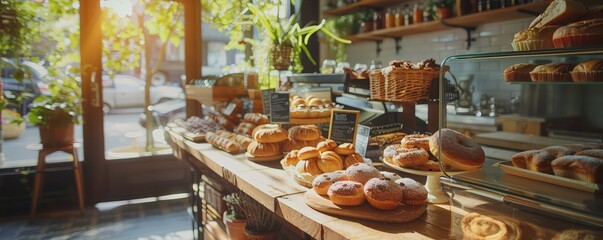 Warm and inviting bakery interior filled with an assortment of freshly baked breads and pastries, bathed in morning sunlight.