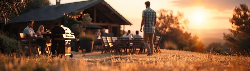 Warm and peaceful outdoor family dinner scene at sunset, with soft golden light illuminating the gathering.