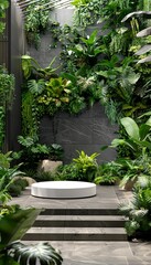 Fototapeta premium White round podium surrounded by lush green foliage in a natural outdoor setting