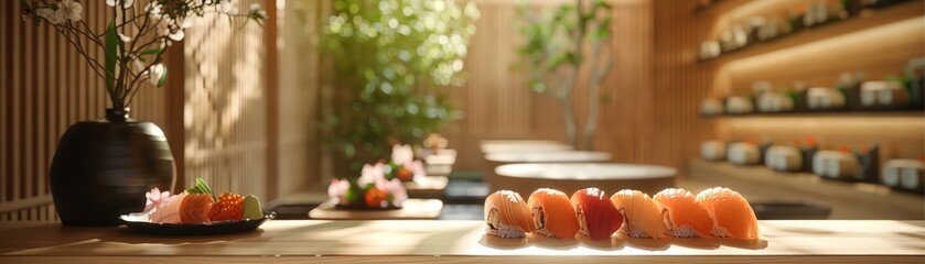 A serene and elegant sushi presentation, beautifully arranged on a plate in a tranquil Japanese restaurant setting with natural light. - Powered by Adobe
