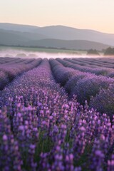 Fototapeta premium A vast expanse of purple lavender flowers stretches towards a foggy sky, creating a mystical and serene atmosphere